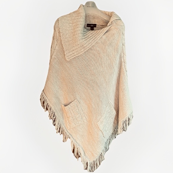 INC Poncho Slit Cowl Neck Fringe Boho Tan Sweater Pockets One Size - Picture 1 of 10
